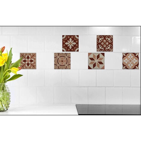 Sticker carrelage adhésif décoratif Calisee 15x15 cm, 6 pièces, carreaux de ciment ancien rouge et orange. - Marron