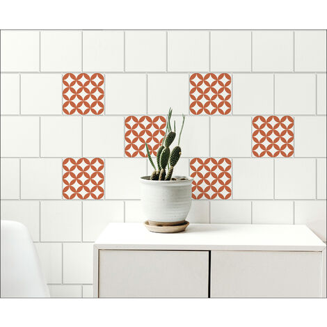 Sticker carrelage adhésif décoratif losanges blancs et ronds orange, 15 cm X 15 cm, 6 pièces, style céramique.