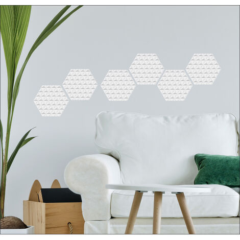 Sticker carrelage adhésif décoratif x6, 15 cm X 15 cm - Autocollant hexagonal blanc avec motifs géométriques 3D pyramides triangle trompe l'oeil