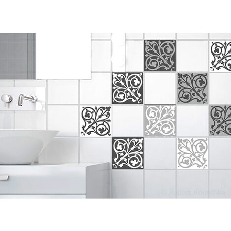 Sticker carrelage adhésif décoratif x9, 10x10cm, crédence autocollant, carreaux de ciment gris, blanc et noir, azulejos.