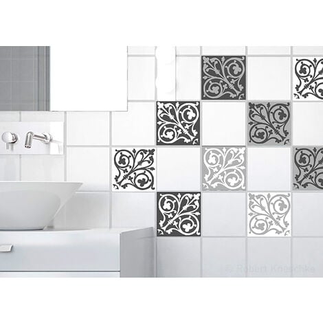 Sticker carrelage adhésif décoratif x9, 10x10cm, crédence autocollant, carreaux de ciment gris, blanc et noir, azulejos. - Noir