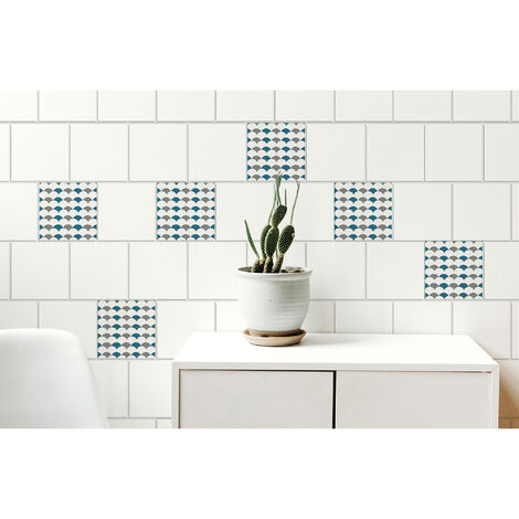 Sticker carrelage adhésif lessivable x4, 15x15 cm - Autocollant carreaux écailles de poisson bleu canard et gris déco maison