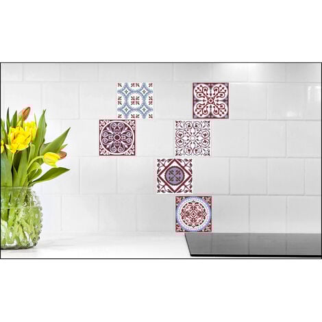 Sticker Carrelage Autocollant 15x15 cm x6, Décoratif Ciment, Bleu, Bordeaux et Blanc. - Rouge