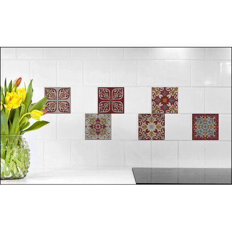 Sticker Carrelage Autocollant Décoratif x6, 15 cm X 15 cm, Style Ciment, Tons Pourpre et Moutarde, Déco Classe pour Carrelage Mural.