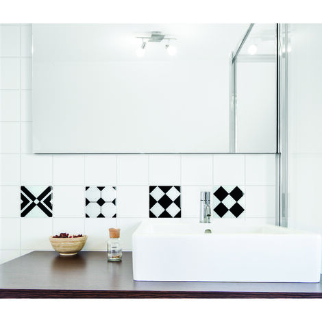 Sticker carrelage décoratif autocollant en relief 3D, carreaux design effet graphique black and white édition, x4, 15 cm X 15 cm - Noir