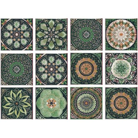 Sticker carrelé vert résistant aux éclaboussures, 15 cm x 15 cm, motif mandala, pour la décoration des cuisines et des salles de bains(24 pièces).
