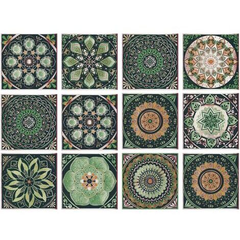 Sticker carrelé vert résistant aux éclaboussures, 15 cm x 15 cm, motif mandala, pour la décoration des cuisines et des salles de bains(24 pièces).