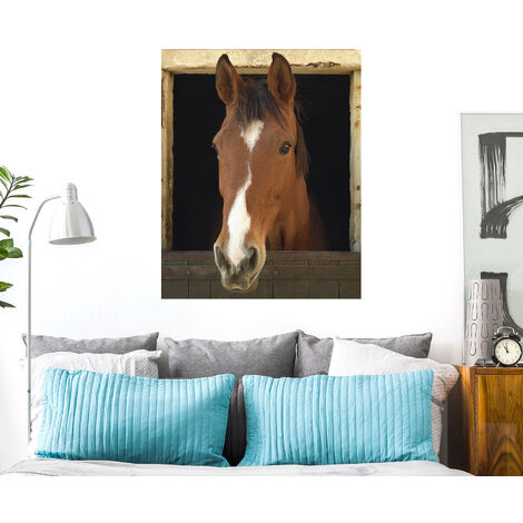 Sticker Cheval 3D 60x75cm - Décoration Murale Intérieure Trompe l'oeil Fenêtre - Intérieur Maison & Bureau