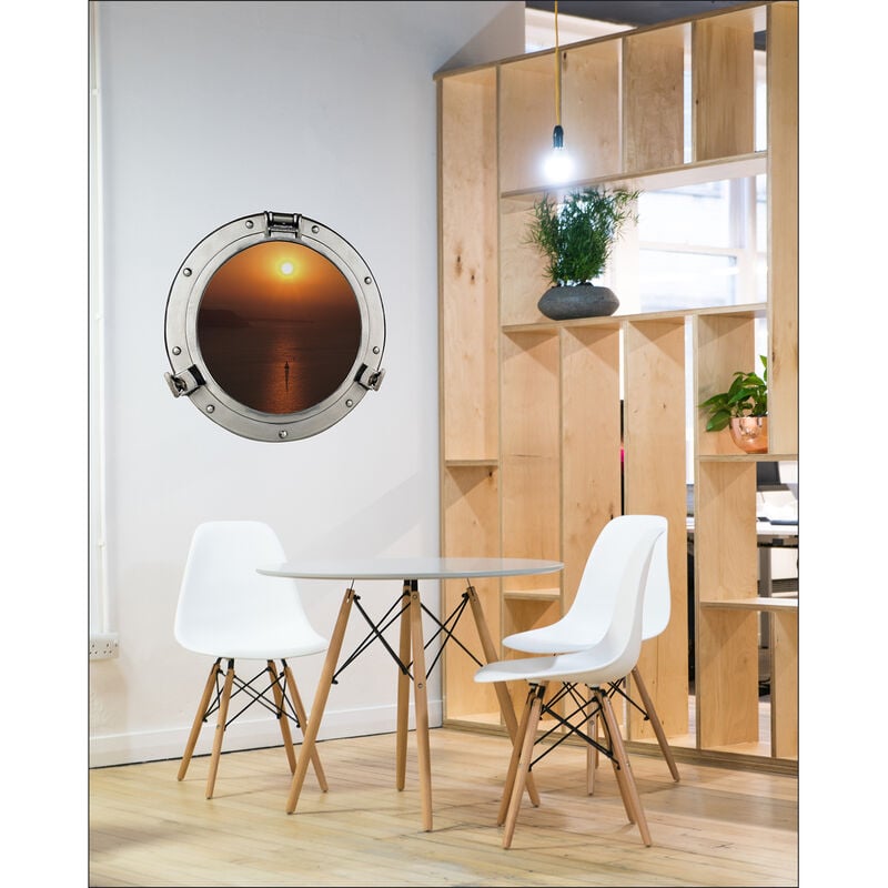 Sticker mural 3D 60x75cm, coucher de soleil bord de mer, déco fenêtre trompe l'oeil, décoration murale originale.