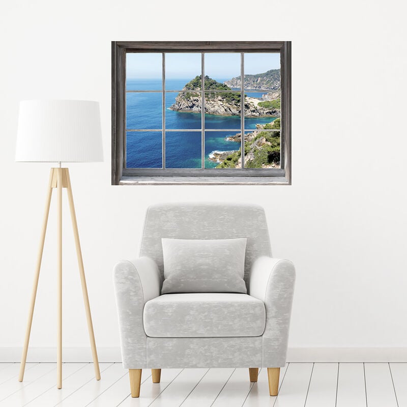 Sticker Fenêtre 3D Mer & Rochers, 60x75cm - Déco Trompe l'Oeil pour Vitre, Autocollant Mural Décoratif