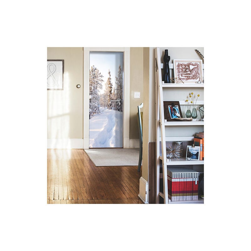 Sticker décoratif pour porte 83 cm x 204 cm - Sapin en montagne sur fond de neige fraiche