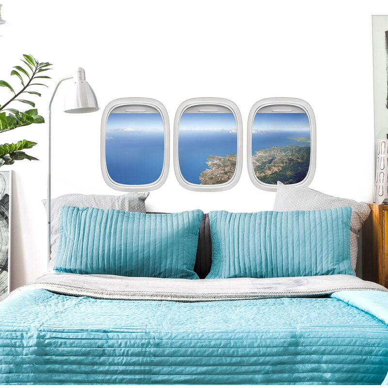 Sticker mural trompe l'oeil avion, vue du ciel, 160x60cm pour tête de lit. Décorez votre chambre avec ce magnifique sticker mural