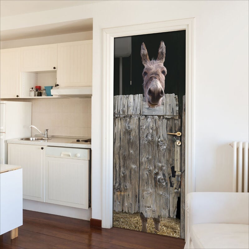 Sticker Porte Humoristique 175x60cm - Photo Étable avec Âne Toilette: Décorez votre Porte avec ce Motif Amusant et Drôle