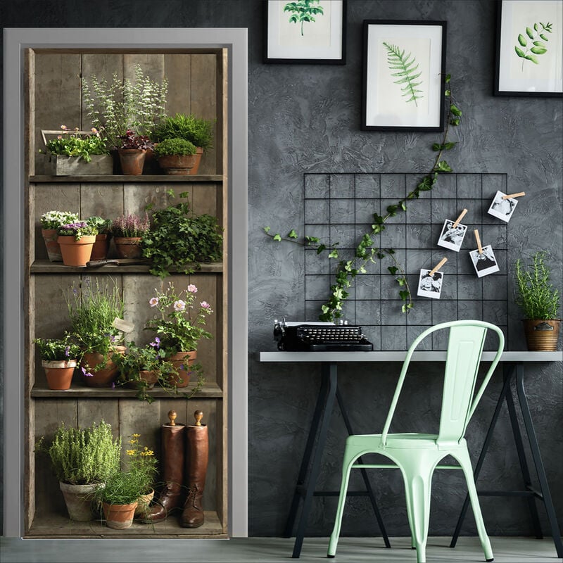 Sticker mural décoratif 175 cm x 60 cm pour porte, photo rustique avec pot de fleurs et bottes anciennes, décoration d'étagère.