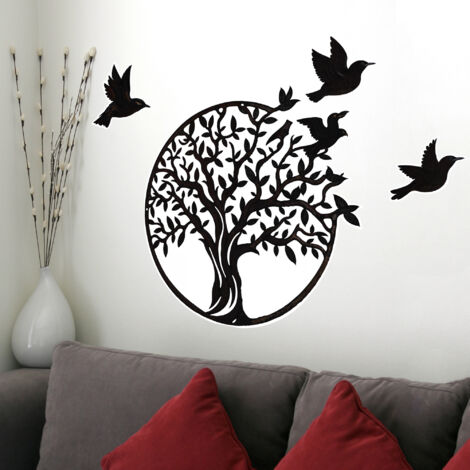 Sticker décoratif, arbre de vie esprit Klimt, envol d'oiseaux, noir, 68 cm X 48 cm