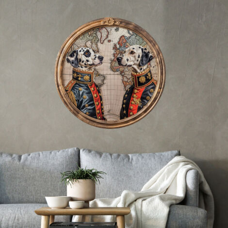 Sticker décoratif autocollant, portrait duo dalmatien costume empire, cadre rond doré mouluré, 68 cm X 48 cm