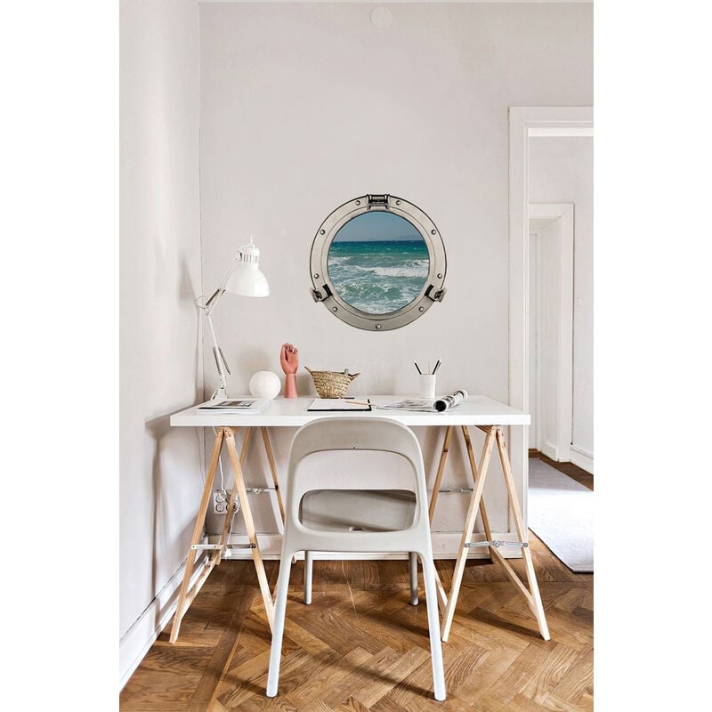 Sticker mural hublot vue sur mer bleu, 75x60cm - Autocollant déco murale trompe l'oeil