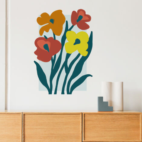 Sticker décoratif, bouquet de fleurs, dessiné, sur fond bleu, 68 cm X 48 cm