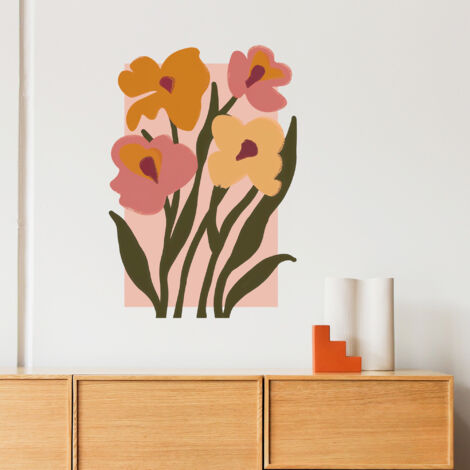 Sticker décoratif, bouquet de fleurs, dessiné, sur fond rose, 68 cm X 48 cm