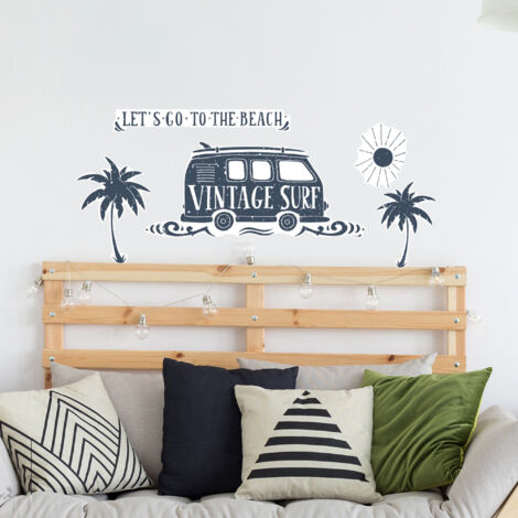 Sticker décoratif, illustration let's go to the beach, déco vintage bleue avec un van, 68 cm X 48 cm
