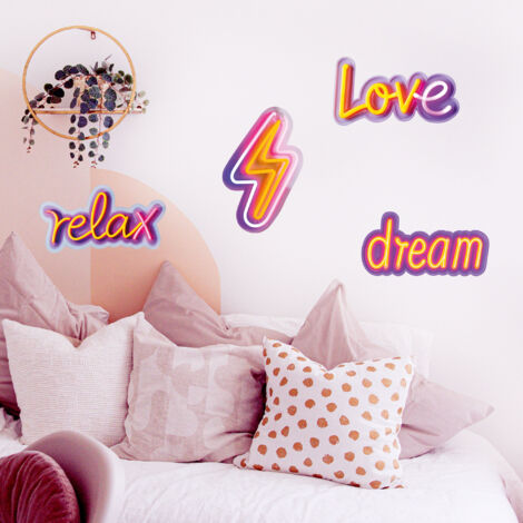Sticker décoratif, lot néons, citations, éclair, love, relax, dream, 68 cm X 48 cm