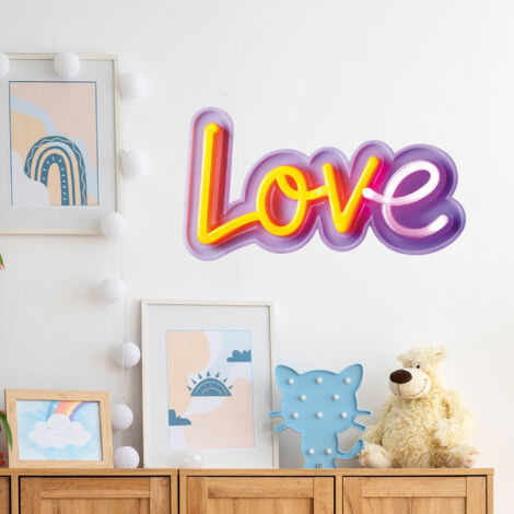 Sticker décoratif, néon, love, amour, violet, jaune, 68 cm X 48 cm