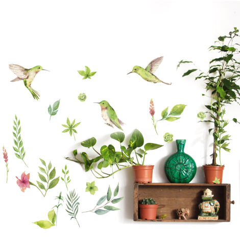 Sticker décoratif, oiseaux colibris entourés de feuilles et fleurs façon aquarelle, 68 cm X 48 cm