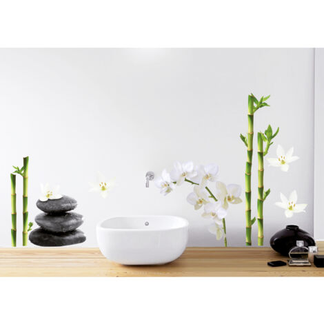 Sticker décoratif, photo bambou, avec des galets et orchidées dans un style zen, 68 cm X 48 cm