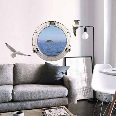Sticker décoratif, photo d'un hublot avec la vur sur une île au milieu de la mer, 68 cm X 48 cm
