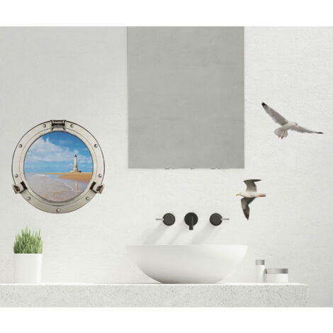 Sticker décoratif, photo d'un hublot trompe l'oeil vu sur le bord de mer avec un phare , 68 cm X 48 cm