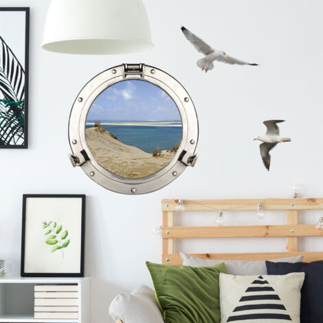 Sticker décoratif, photo d'un hublot trompe l'oeil vu sur les dunes en bord de mer, 68 cm X 48 cm