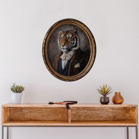 Sticker décoratif, portrait d'un tigre élégant, trompe l'oeil cadre, vintage, 68 cm X 48 cm