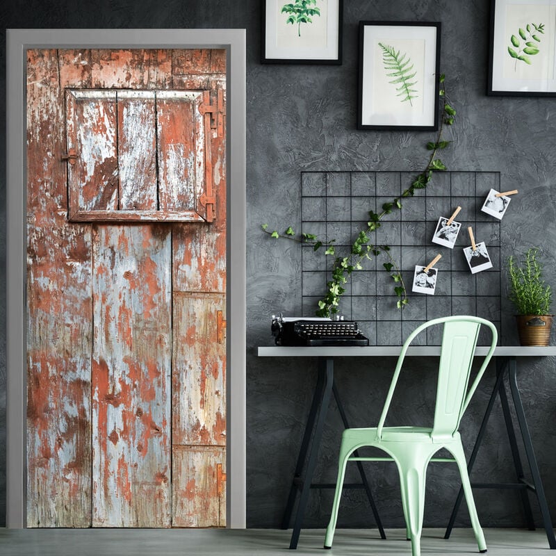 Sticker décoratif en bois rustique pour porte, 83 cm x 204 cm, effet campagne avec peinture écaillée, décoration intérieure unique et originale.