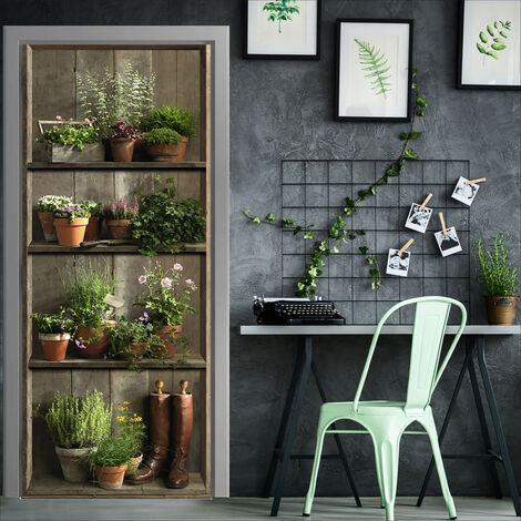 Sticker décoratif pour porte, photo d'une étagère rustique agrémenté de pot de fleurs et bottes anciennes, 175 cm X 60 cm - Marron