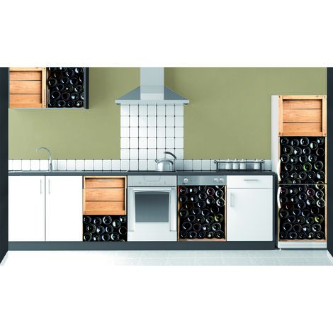 Sticker décoratif pour réfrigérateur, photo trompe l'oeil d'étagère à bouteilles de vins, 180 cm X 60 cm - Noir