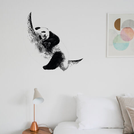 Sticker décoratif, sticker panda sur lune noir et blanc style dessin au crayon, 68 cm X 48 cm