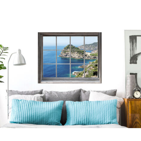 Sticker décoratif, trompe l'oeil fenêtre avec vue sur paysage mer du sud, 68 cm X 48 cm