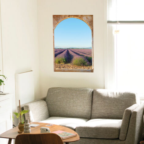 Sticker décoratif, trompe l'oeil ouverture en pierre sur champs de lavande, 68 cm X 48 cm