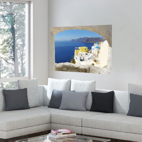 Sticker décoratif, vue sur l'archipel de santorin, maisons blanches en formes de cube, 68 cm X 48 cm