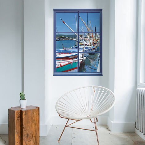Sticker Fenêtre 3D Trompe l'Oeil - Photo Port de Pêche St Tropez, 68x48cm, Décoration Murale Intérieure