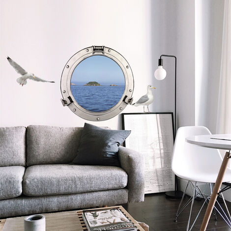 Sticker Fenêtre Hublot 3D, Déco Murale Trompe l'Oeil, Vue Mer & Île, 68x48cm - Décorez votre Maison