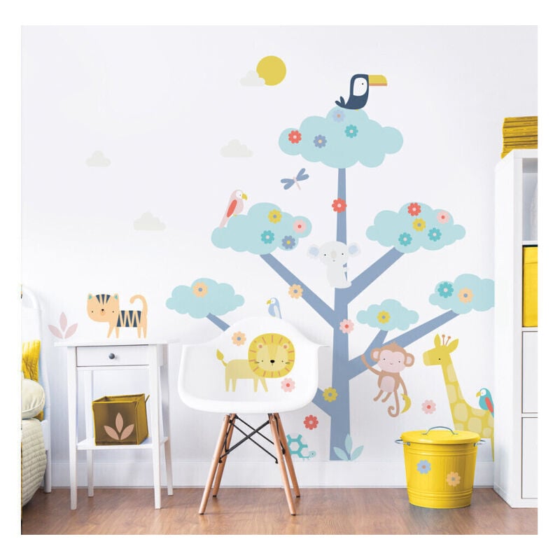 Sticker geant Arbre et Animaux de la jungle avec girafe, éléphant, lion, singe, et oiseaux 152cm