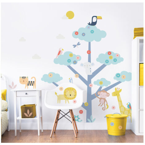 Sticker geant Arbre et Animaux de la jungle avec girafe, éléphant, lion, singe, et oiseaux 152cm - Multicolor