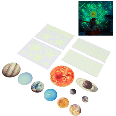 Sticker lumineux système solaire 14 pièces, décoration mural PVC pour enfants, éducatif, brillant dans le noir, chambre ou salon.