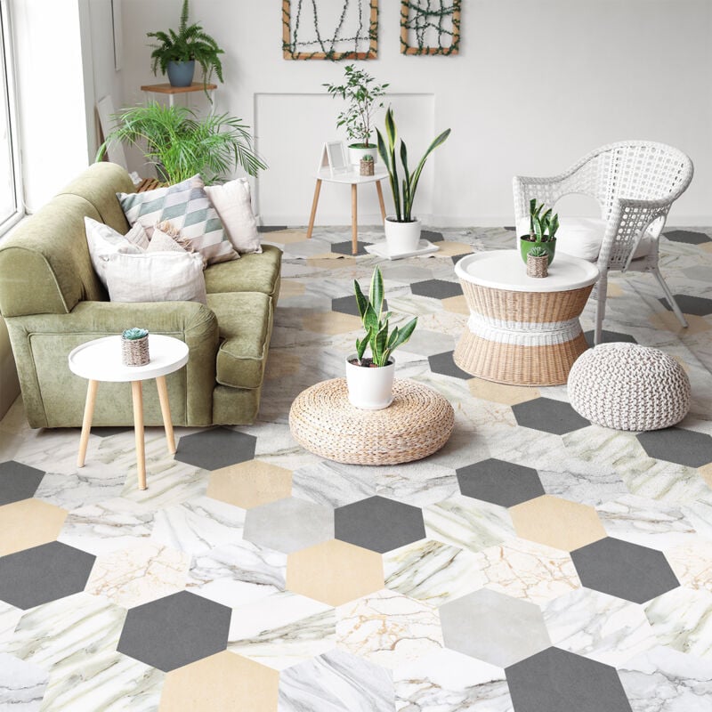 Stickers Sol Anti-dérapant avec Protection - marbre et pierre hexagones - 1 sticker de 60x100cm
