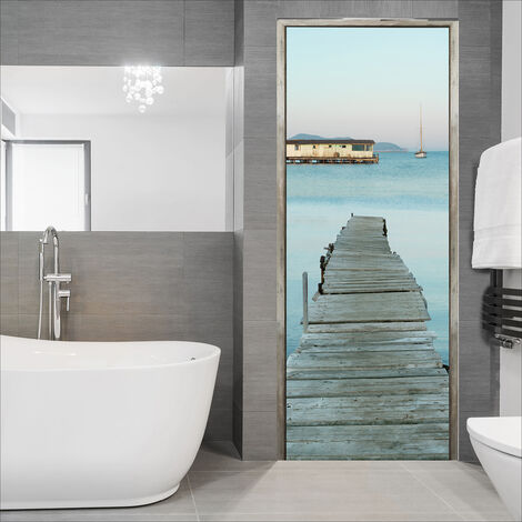 Sticker mural 175 cm X 60 cm - Décoration porte - Photo ponton et cabane de pêcheur, vue sur la mer.