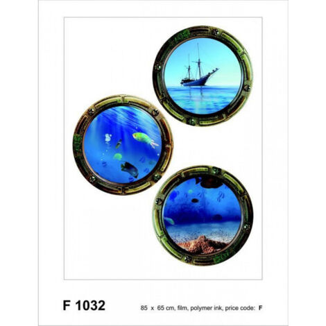 Sticker mural - 3 hublots vue sous-marine et bateau - 65 x 85 cm