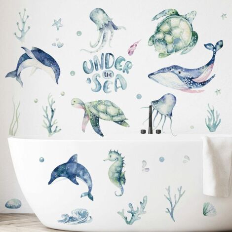 Sticker mural 30x60cm représentant des créatures sous-marines : dauphin, tortue