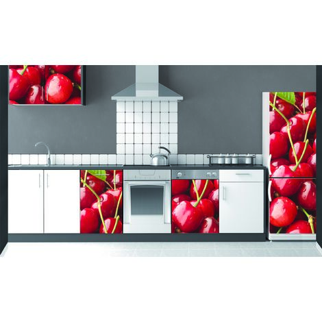 Sticker mural 3D Cerises XXL, Réfrigérateur Décoratif, 59,5 cm X 180 cm, Effet Trompe l'Oeil Garanti