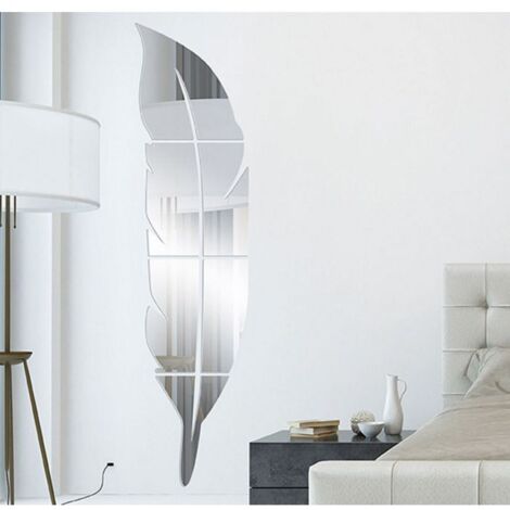 Sticker mural 3D, miroir en vinyle à plumes, décoration d'intérieur (argent)